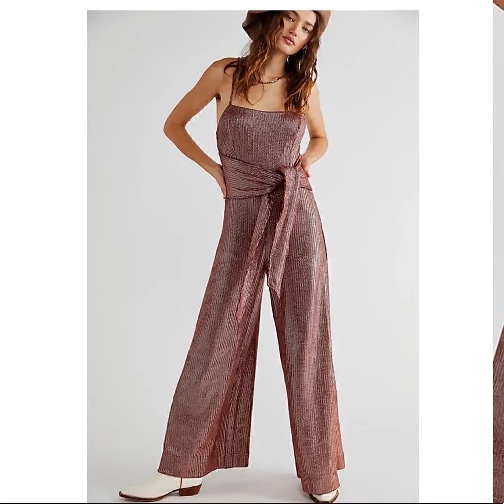 Free People Shimmer and Shine Metallic Rose Gold Jumpsuit